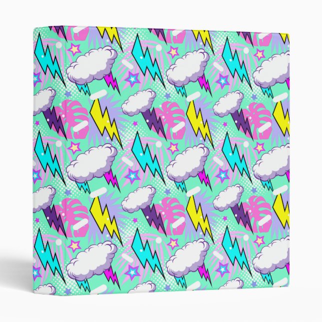 Neon Lightning Bolts & Stars Pattern 3 Ring Binder (Front/Spine)
