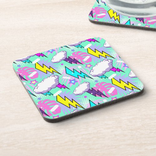 Neon Lightning Bolts  Stars Pattern Beverage Coaster