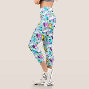 Neon Lightning Bolts & Stars Pattern Capri Leggings