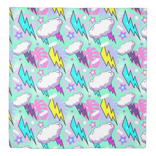 Neon Lightning Bolts  Stars Pattern Duvet Cover
