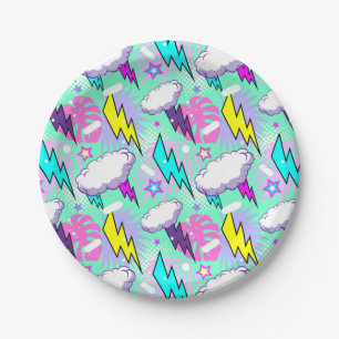 Neon Lightning Bolts & Stars Pattern Paper Plates