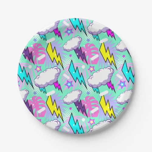 Neon Lightning Bolts  Stars Pattern Paper Plates