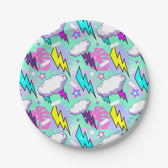 Neon Lightning Bolts & Stars Pattern Paper Plates (Front)