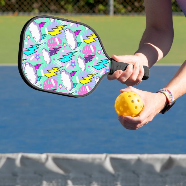 Neon Lightning Bolts & Stars Pattern Pickleball Paddle (Insitu)