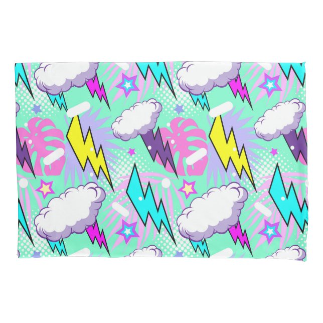 Neon Lightning Bolts & Stars Pattern Pillow Case (Front-Left)
