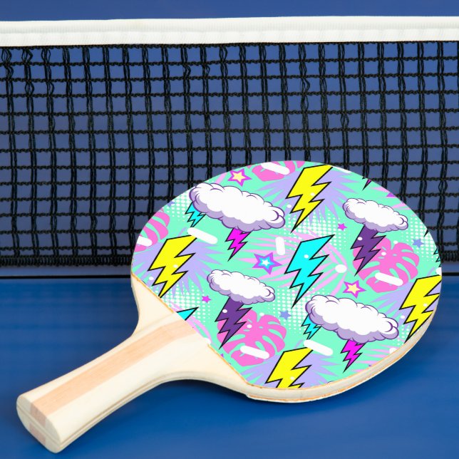 Neon Lightning Bolts & Stars Pattern Ping Pong Paddle (Insitu)