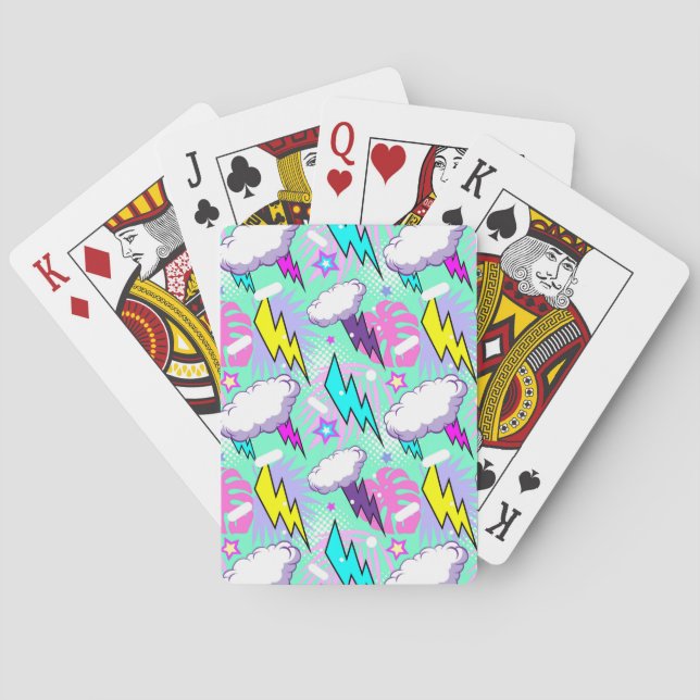 Neon Lightning Bolts & Stars Pattern Poker Cards (Back)