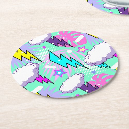 Neon Lightning Bolts  Stars Pattern Round Paper Coaster