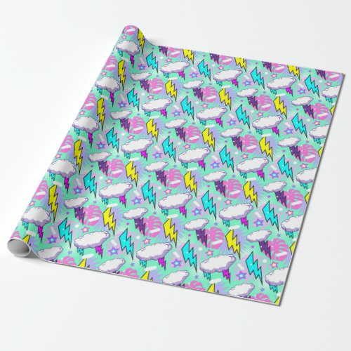 Neon Lightning Bolts  Stars Pattern Wrapping Paper