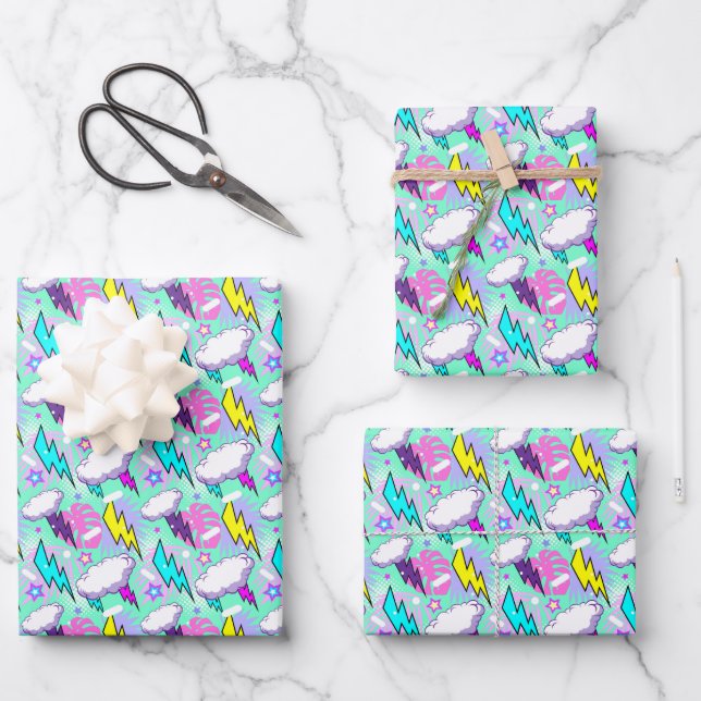 Neon Lightning Bolts & Stars Pattern Wrapping Paper Sheets (Front)