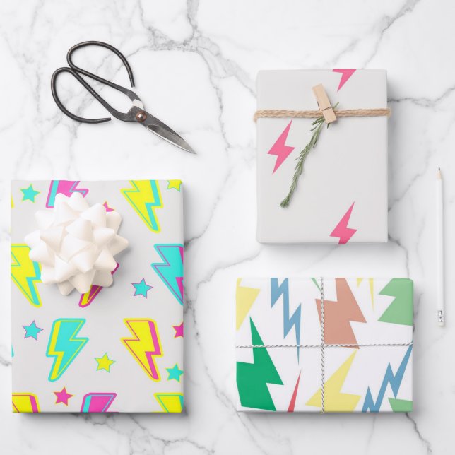 Neon Lightning Star Y2K Pattern Wrapping Paper Sheets (Front)