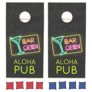 Neon Lights. Aloha Pub. Bar Open. Cornhole Set