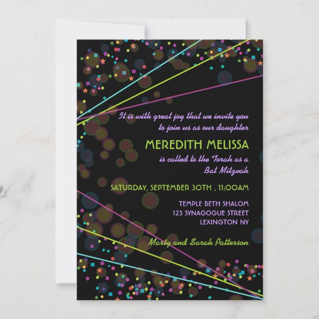 Neon Lights Bat Mitzvah Ceremony Invitation (Front)
