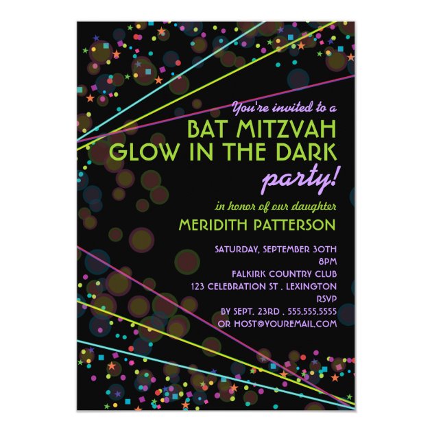 Neon Lights Bat Mitzvah Glow In The Dark Party Invitation