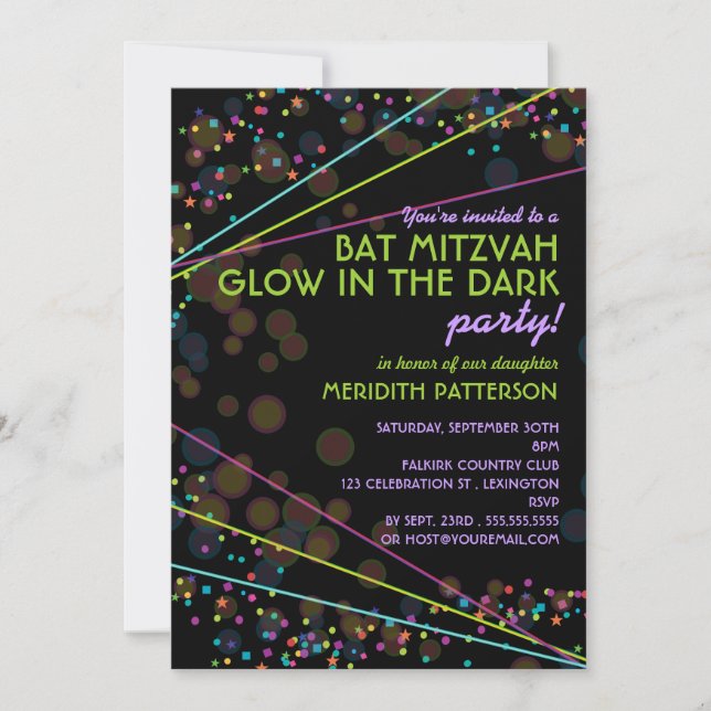 Neon Lights Bat Mitzvah Glow in the Dark Party Invitation (Front)