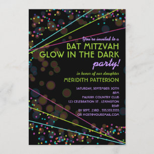 Neon Lights Bat Mitzvah Glow in the Dark Party Invitation