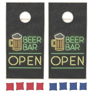 Neon Lights. Beer Bar. Open. Cornhole Set
