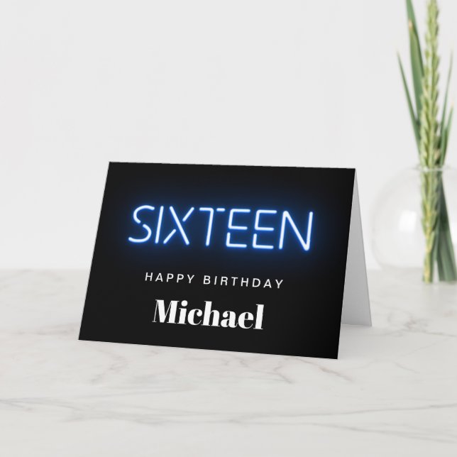 Neon Lights Blue Personalized 16th Birthday Card (Front)