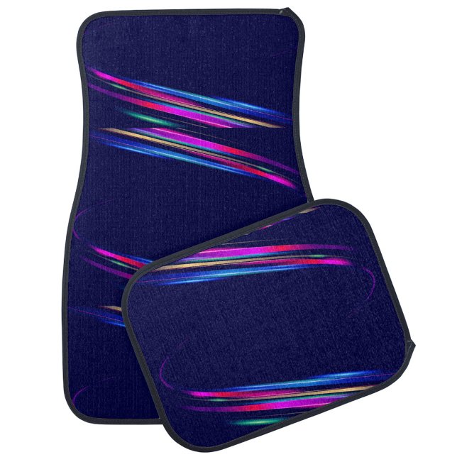 Neon Lights Car Floor Mat (A vibrant display of swirling neon lines dances across a deep blue background.)