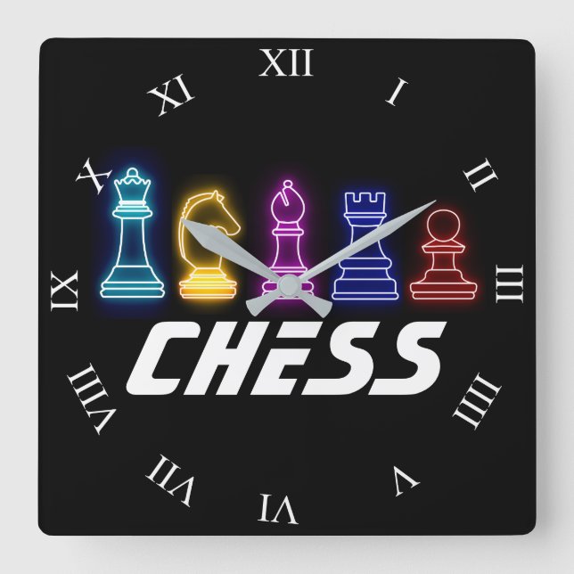 Neon Lights Chess Pieces Chess Queen Square Wall Clock (Front)
