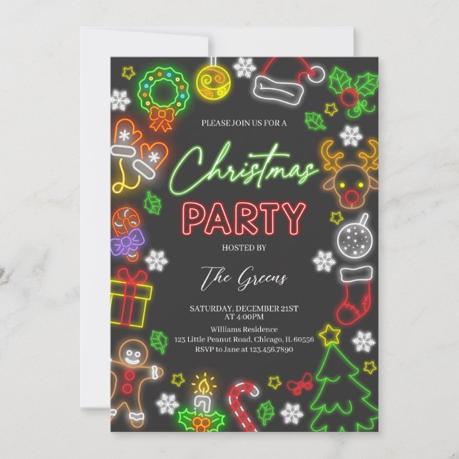Neon Lights Christmas Party Invitation (Front)