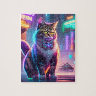 Neon Lights Colorful Futuristic Cyberpunk Cat Jigsaw Puzzle