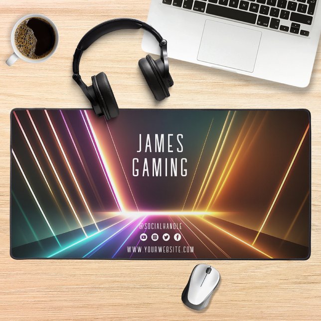 Neon Lights Gaming Gamer Social Media Personalized Desk Mat (Creator Uploaded)