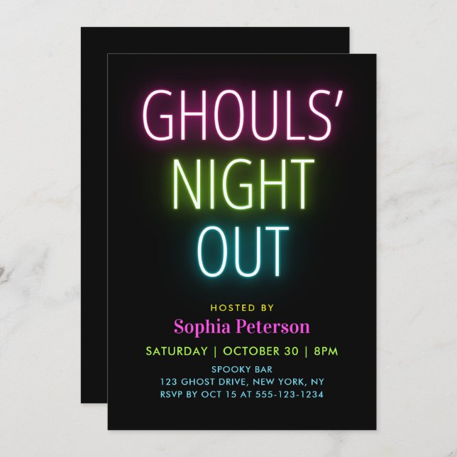 Neon Lights Ghouls Night Out Halloween Party Invitation (Front/Back)