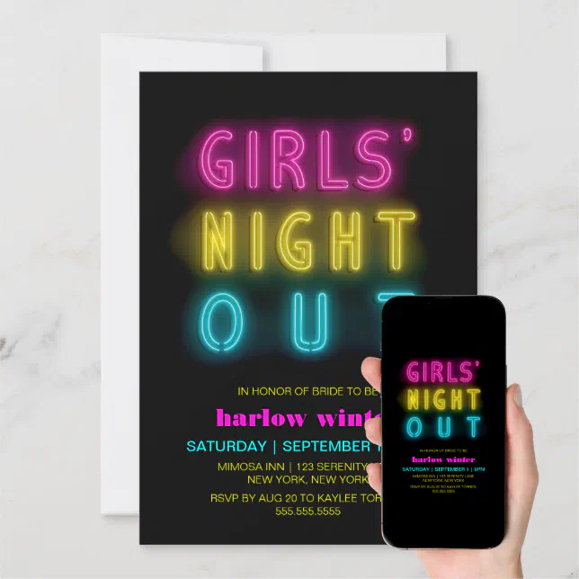 Neon Lights Girls Night Out Bachelorette Party Invitation Zazzle