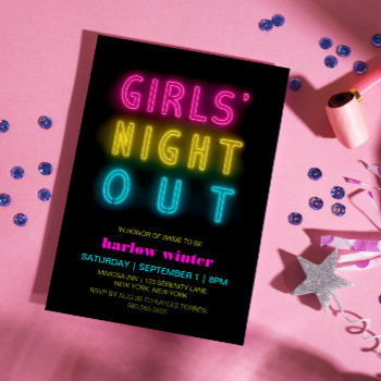 Neon Lights Girls' Night Out Bachelorette Party Invitation by Paperpaperpaper at Zazzle