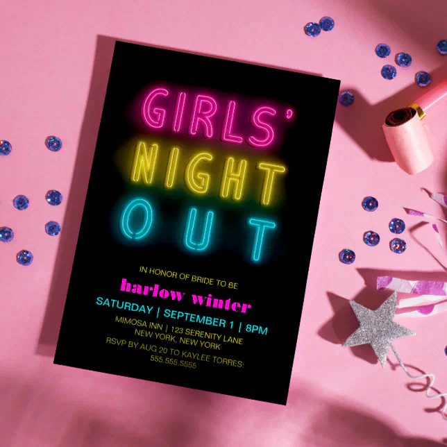 Neon Lights Girls' Night Out Bachelorette Party Invitation | Zazzle