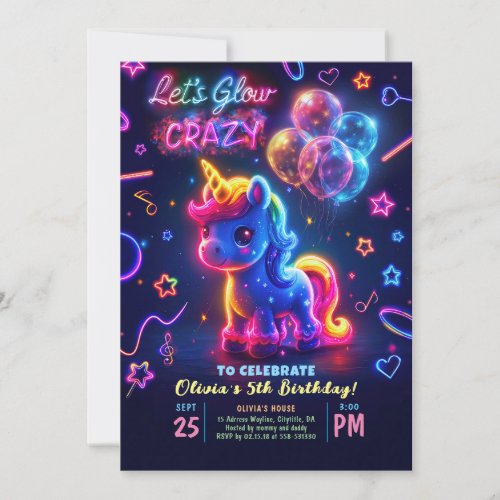 Neon Lights Glowing Fun Unicorn Birthday Invitation