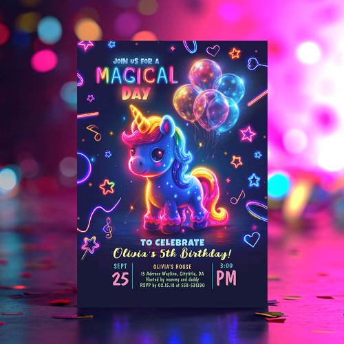 Neon Lights Glowing Fun Unicorn Birthday Invitation