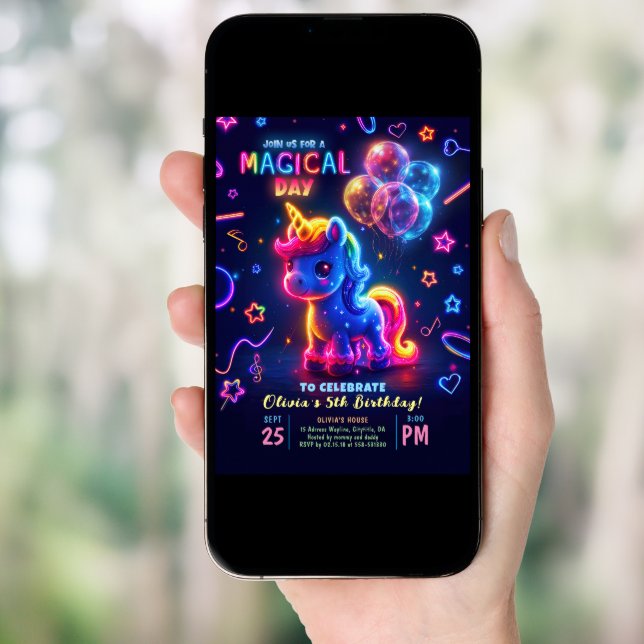 Neon Lights Glowing Fun Unicorn Birthday Invitation (Front Digital)
