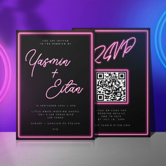 Neon Lights Hot Pink Black QR Code Wedding Invitation