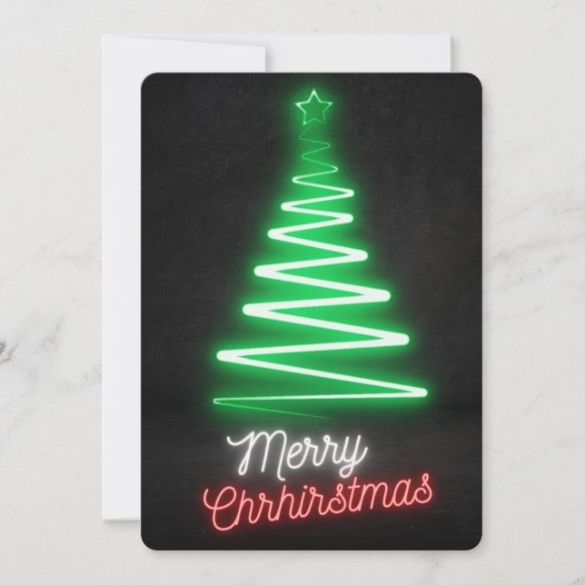 Neon Lights Merry Christmas Green Red White Tree  Holiday Card (Front)