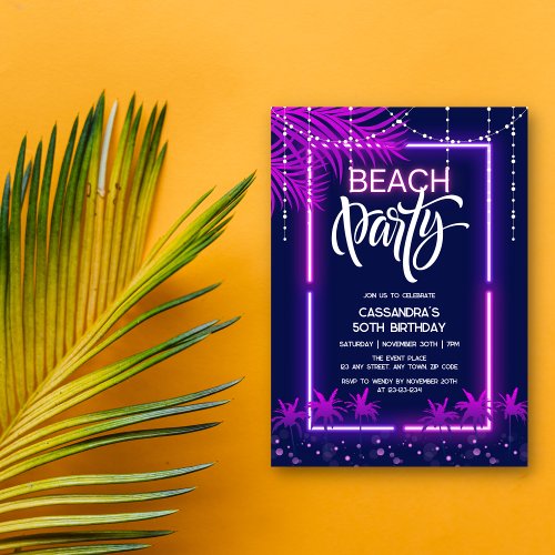 Neon Lights Palm Beach Night Party Birthday Invitation