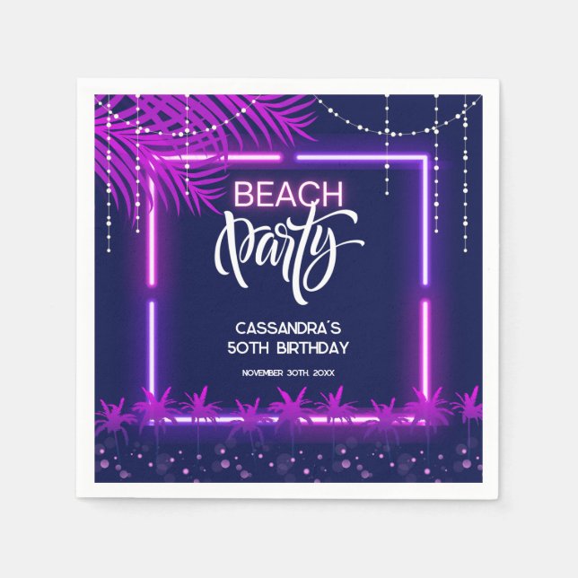 Neon Lights Palm Beach Night Party Birthday Napkins (Front)