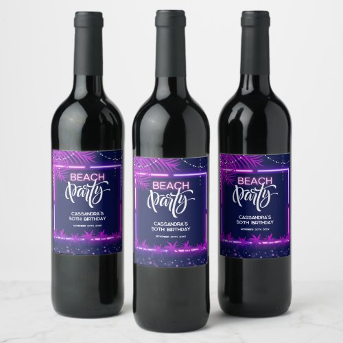 Neon Lights Palm Beach Night Party Birthday Wine Label