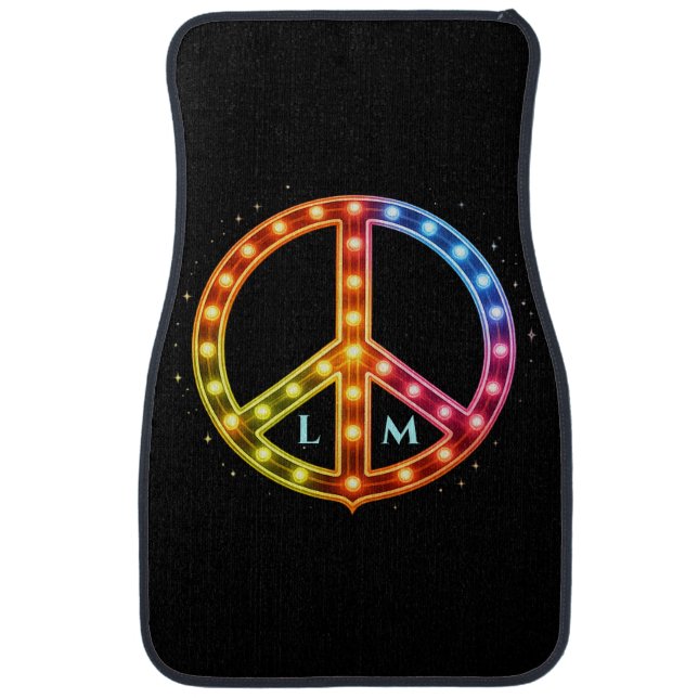 Neon Lights Peace Sign Custom Initials Car Floor Mat (Front)