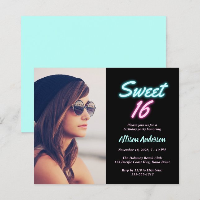 Neon Lights Photo Budget Sweet 16 Birthday Party (Front/Back)