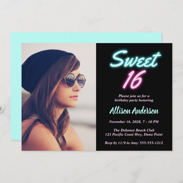 Neon Lights Photo Sweet 16 Birthday Party Invitation (Front/Back)