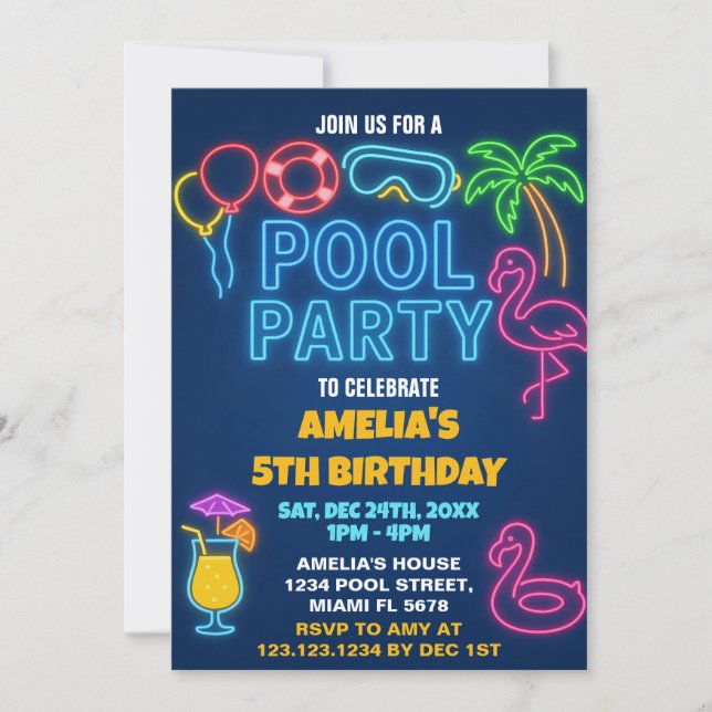 Neon Lights Pool Birthday Invitation (Front)