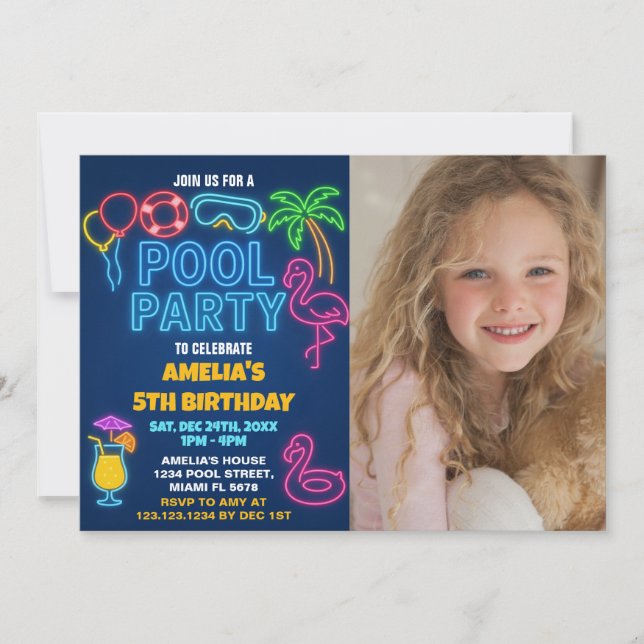 Neon Lights Pool Birthday Invitation with photo (Front)