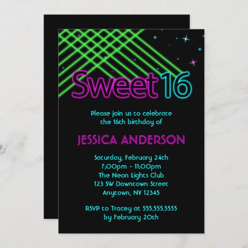 Neon Lights Sweet 16 Birthday Party Invitation