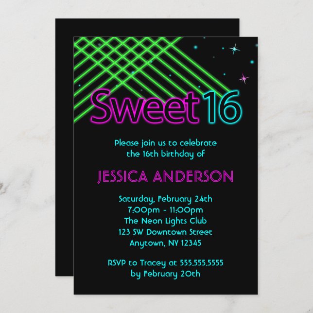 Neon Lights Sweet 16 Birthday Party Invitation (Front/Back)