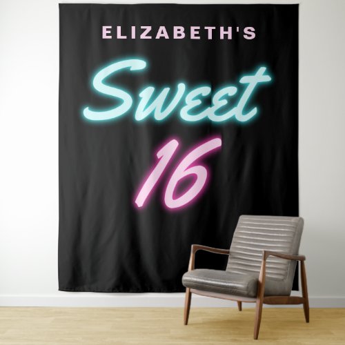 Neon Lights Sweet 16 Birthday Party Tapestry