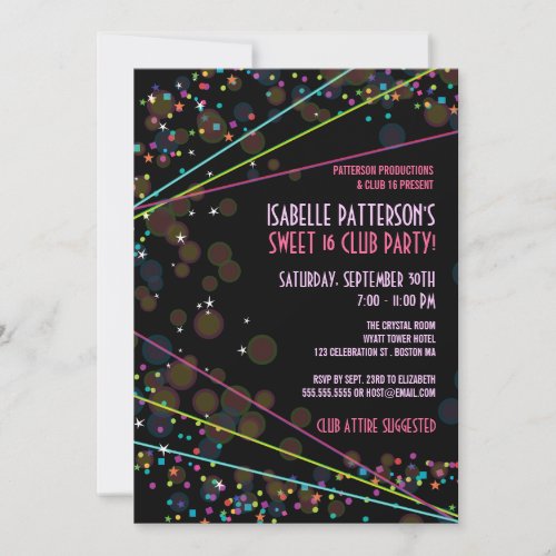 Neon Lights Sweet 16 Club Party Invitation