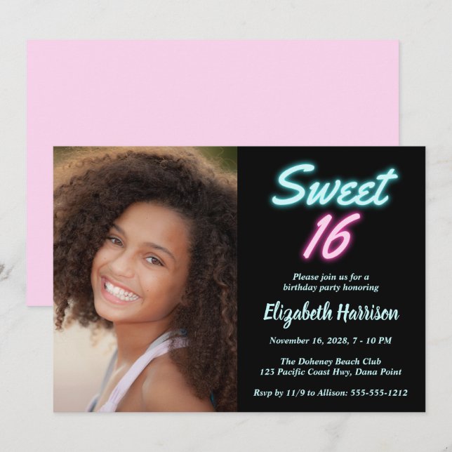 Neon Lights Sweet 16 Photo Birthday Party Invitation (Front/Back)