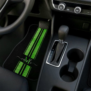 Neon Lime Green Glitter + Black Stripe Monogrammed Car Floor Mat